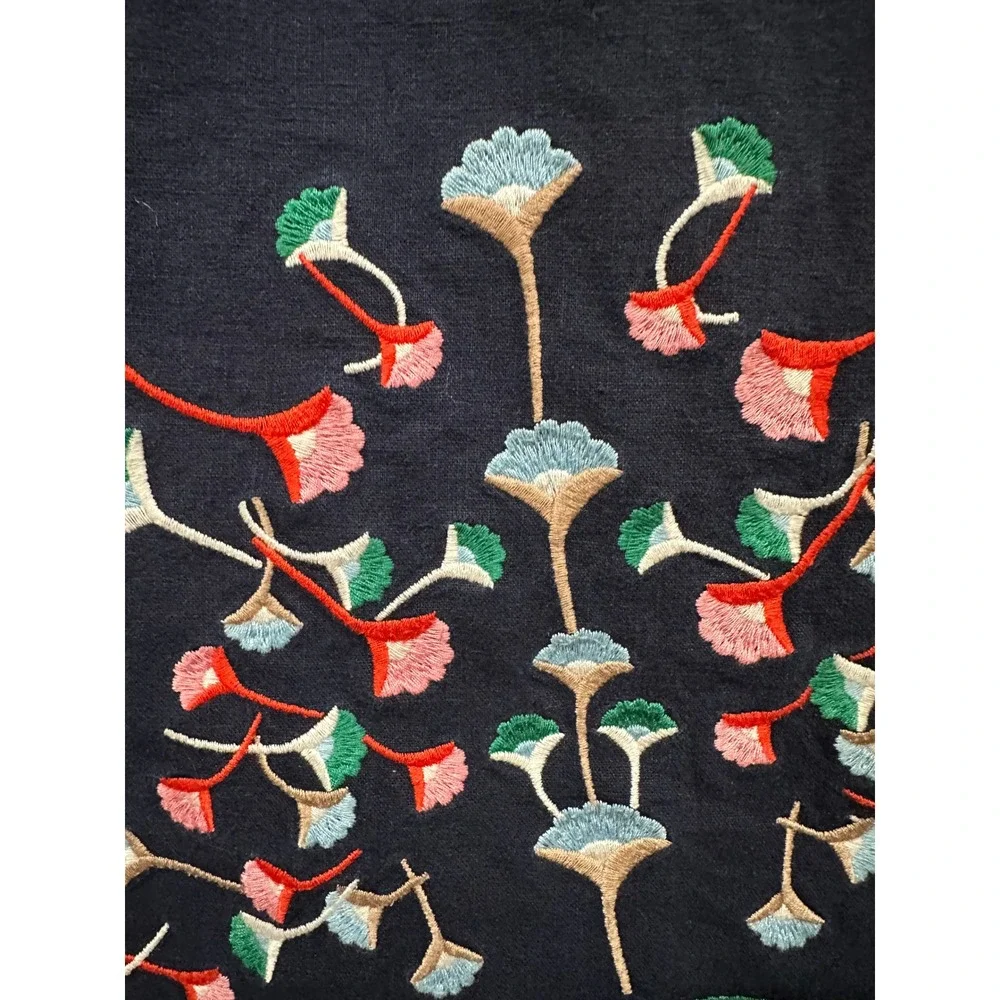 Boden Navy Blue Floral Embroidered Linen Cotton A-Line Skirt Petite 6P Boho